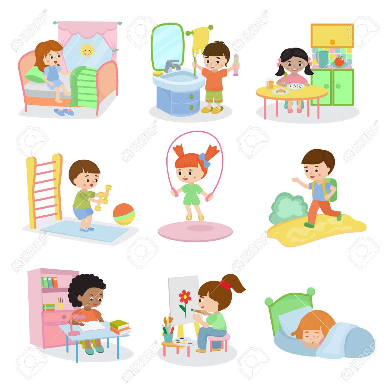 Kids everyday activities set children daily activity routine in childhood character active child eating or studying illustration sleeping girl or playing boy in childroom