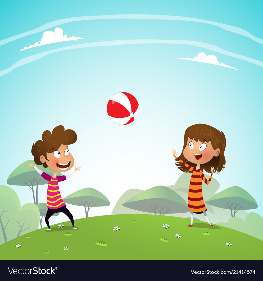 Two children playing with a ball in the park