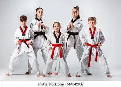 studio-shot-group-kids-training-260nw-614842802